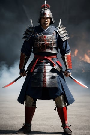 UHD 8K scene, hyper realistic photographic quality, war scene, samurai warrior, complete sumurai armor with blue and red color, fighting with a sumurai sword in his hands.