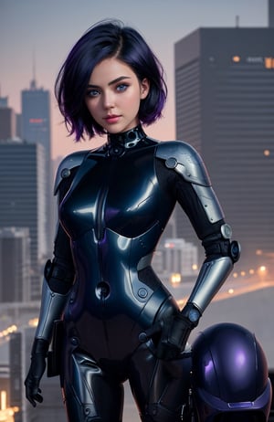 UHD 8K realistic photo scene, beautiful young girl, medium height, pretty face, short dark blue hair, violet eyes, robotic body, black bodysuit, futuristic armor, posing with a futuristic motorcycle with the city in the background,short hair,gallywz