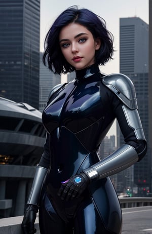 UHD 8K realistic photo scene, beautiful young girl, medium height, pretty face, short dark blue hair, violet eyes, robotic body, black bodysuit, futuristic armor, posing with a futuristic motorcycle with the city in the background,short hair