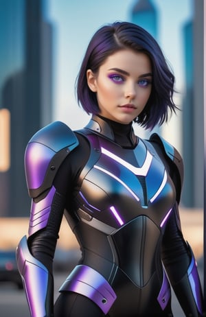 UHD 8K realistic photo scene, beautiful young girl, medium height, pretty face, short dark blue hair, violet eyes, black bodysuit, futuristic armor, posing with a futuristic motorcycle with the city in the background