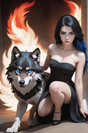 UHD 8K photo realistic image, beautiful young woman, blue-black hair, blue eyes, in a crouching position, wearing a black strapless dress, behind her a giant wolf with white fur and fiery red eyes