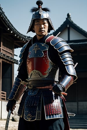 UHD 8K scene, hyper realistic photographic quality, war scene, samurai warrior, complete sumurai armor with blue and red color, fighting with a sumurai sword in his hands.