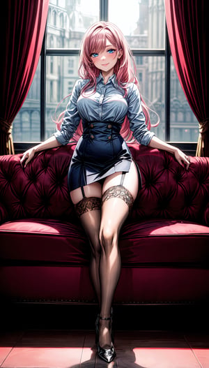 (masterpiece:1.2, best quality), (real picture, intricate details), 1girl,perfect thighs,make up,looking at viewer, seductive_smile,solo, pink hair, flowing long hair,light_blue_eyes,femininity,Secretary uniform,high heels,legwear garter,