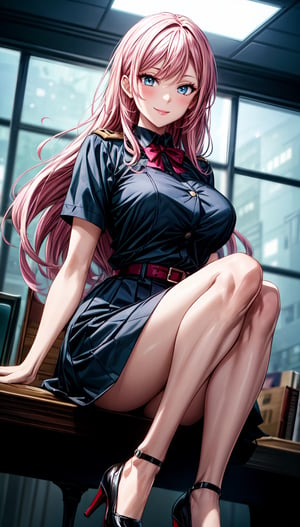 (masterpiece:1.2, best quality), (real picture, intricate details), 1girl,perfect thighs,make up,looking at viewer, seductive_smile,solo, pink hair, flowing long hair,light_blue_eyes,femininity,Secretary uniform,MANGA (General),high heels,