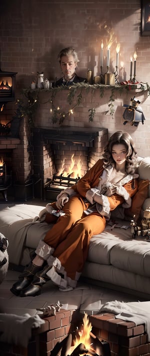 (masterpiece, top-quality, 8K), Medieval Nordic Old House, Dark Interior, The fire in the fireplace illuminates the dark room, Tin Toy (Robots, Cars, Airplanes), Christmas Tree Decorated, Santa costume and boots are drying in front of the fireplace, Only one fireplace, (Fireplace flames illuminate the dark living room:1.5), Santa Claus costume on Brick wall, Santa Claus costume hung to dry,  ((1girl in, perfectly proportions, Beautiful body, Realistic middle chest:1.5)),  Long dark hair tied back in a bun, (I'm sleeping on the sofa in front of the fireplace:1.5), ,NoirStyle