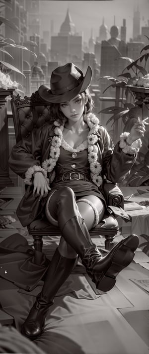 (masterpiece, top-quality, 8K), Dark Interior, Wild West salon, female sheriff in sexy Santa costume, sitting on a chair with her feet on the table, blonde short hair, holding a cigarette in her hand, detailed skin, detailed eyes, red mini dress, mini skirt, thighs visible, red long boots, cigarette smoke, dusty air, View from above, (In sepia tones:1.2), NoirStyle,NoirStyle