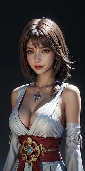 (4K,masterpiece, highres, ultra detailed), 1 female, 25 years old, yuna of final fantasy x2, more mature looking, plain gradient background, hyperrealistic, yuna's final fantasy costume, Yuna's original costume deisgn in Final Fantasy X symmetrical clothing features, best clothing simulation, no collar, 1female, windy night, yuna's bob hair style,  busty, cleavage, middle_breast, thicc body, smile, no dangling sleeves, close-up shot, full frontal shot, zommed in shot, head to hips image scope, , character facing and looking at camera, looking at you, very vibrant, 
YunaFFX,yuna \(ff10\),blue-beaded earring