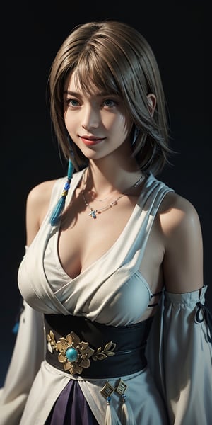 (4K,masterpiece, highres, ultra detailed), 1 female, 25 years old, yuna of final fantasy x2, more mature looking, plain gradient background, hyperrealistic, yuna's final fantasy costume, Yuna's original costume deisgn in Final Fantasy X symmetrical clothing features, best clothing simulation, no collar, 1female, windy night, yuna's bob hair style,  busty, cleavage, middle_breast, thicc body, smile, no dangling sleeves, close-up shot, zommed in shot, head to hips image scope, , character facing and looking at camera, colorful):1.3,YunaFFX,yuna \(ff10\),blue-beaded earring