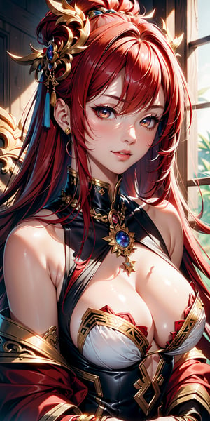 (masterpiece,  best quality),  costume by Hyung Tae Kim,  costume style like in Blade and Soul Game,  intricate details,  beautiful girl,  bright red hair,  white skin,  amber eyes,  messy hair,  very long hair,  full lips,  upper body,  close-up,  affected smile,  ( (nice breasts,  round breasts,  nice breasts)),  ChopioAlpha,   ,   ,   
,  ,  ,  

