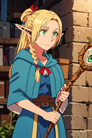 marcille donato,inside dungeon, she holding magic staff,beautiful eye,beautiful face,detailed face,light green eye,perfect magic staff ,smooth skin,marcille anime style,single person,perfect lighting,
good posture,perfect pose,two ponytail braid on her shoulder,elf ear round eartip,8k,5 finger ,