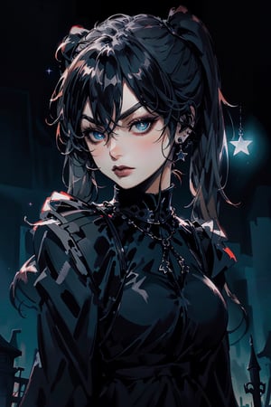 High twintail ponytails, beautiful eyes,triangular face,random beautiful eyebrows,black hair,beautiful ear,nodf_lora,gothic, star night background, dark themed, twin ponytails, 