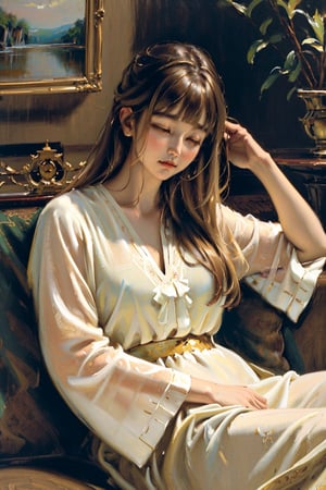 A serene oil painting: A solitary girl reclines on a plush cream-colored couch amidst ornate wooden carvings and muted hues. Her long brown hair flows down her back like a gentle waterfall, blunt bangs framing her heart-shaped face as she sleeps serenely against the soft white blouse. Eyelids slightly ajar, embracing the tranquil atmosphere.,masterpiece