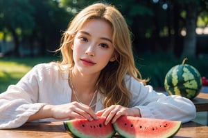 1girl, wavy blonde hair, clear skin, natural lighting, smirk, lord of the rings elf, white clothings, (watermelon on a table), (photorealistic, photorealism), (8k, RAW photo, highest quality, masterpiece, ultra-high resolution, physics-based rendering),