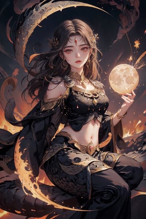 1girl, goddess of moon, waves, scales,  , High quality, detailed,  swirling upward in a spiral of dark smoke and sparks,wearing,KnollingCaseQuiron style