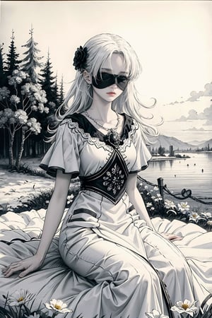 portraitof a young girl, black and white drawn in pencil or charcoal,nadja,1 girl, charming, white hair
Flower Blindfold, long dress, Wide Short, nature landscape, masterpiece, best quality, (big Circle), 