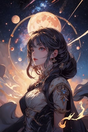 1girl, goddess of moon, space,space ships,   planets, High quality, detailed,  swirling upward in a spiral of dark smoke and sparks,6000