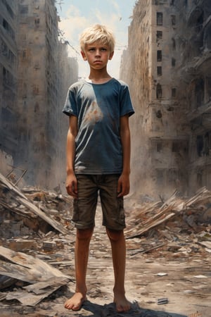 full body Masterpiece of a slim (11 year old), blond, (european), ((dirty)), (boy), ((dirty face)), sad and angry face, looking at camera, ((dirty hair)), ((matted hair:1.5)), ripped_clothes, ((dirty_clothing:1.5)), without shoes, ((barefoot)), standing in the ruins of a futuristic megapolis, junk in the streets, on a very hot day, pencil sketch, pen, acrylic, ink, drawing, painting, full body, perfect light, highly detailed, coloration, beautiful face,AngelicStyle