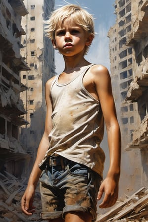 full body Masterpiece of a slim (11 year old), blond, (european), ((dirty)), (boy), ((dirty face)), sad and angry face, looking at camera, ((dirty hair)), ((matted hair:1.5)), ripped_clothes, ((dirty_clothing:1.5)), without shoes, ((barefoot)), standing in the ruins of a futuristic megapolis, junk in the streets, on a very hot day, pencil sketch, pen, acrylic, ink, drawing, painting, full body, perfect light, highly detailed, coloration, beautiful face,AngelicStyle