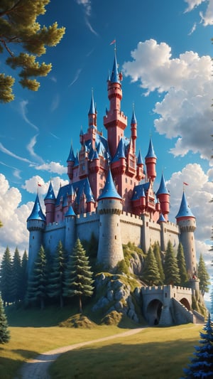 A magnificent, majestic, glittering, dazzling, enchanting castle in the countryside that would easily exist in the real world. Its design contains details in blue and red. as it is in the countryside, around it there are some pine trees. the sky is blue and the clouds are soft. Highly detailed image, 4k, extremely realistic.