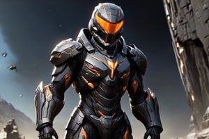 A digital illustration of a futuristic soldier in ultra-high-definition, featuring an ultra-realistic and ultra-detailed armored suit. The armor is predominantly black with orange accents, highlighting its intricate design. The helmet has a reflective visor and the suit includes various panels and layers that suggest advanced technology. The soft anisotropic filtering adds a realistic texture to the materials, while the hypersharp feature brings out the fine details, making the armor appear tangible. The overall quality is comparable to a high-resolution National Geographic photograph, and the artwork would trend on ArtStation for its impressive details and realism.