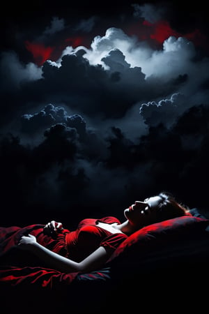 Silhouette, a girl sleeping in the clouds, moody sad dark atmosphere, black background, dark paintbrush, Red over black, 2D