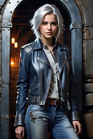 highly detailed, beautiful young woman, 20 years old, metallic silver hair, casual shirt, leather jacket, jeans, boots, ultra detailed face, (very detailed hair), rebels shelter background, fusion of final fantasy videogame and dungeon & dragons realm, high contrast, flat colors, cel shaded, Magical Fantasy,portrait
