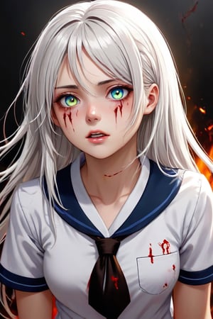 girl with a pretty face, white hair, blue eyes, (((sexy school uniform))), wearing a stylish very sexy school uniform, with a funny expression on her face, Hellwalker, incombing death, hell, black bloody veins growing and intertwining out of the darkness, oozing thick yellow blood, veins growing and pumping blood, detailed eyes, 4k, ultra-realistic, ultra-detailed, insane quality, trending on Art Station, NGC quality, UHD, HDR, intricate details