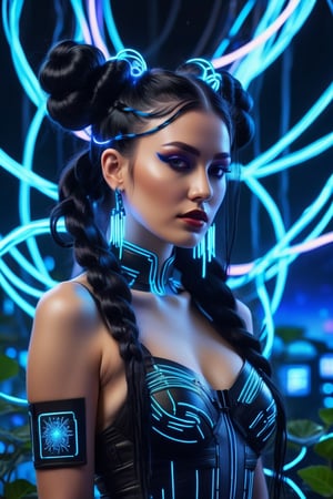 best quality, 8K, highres, masterpiece), ultra-detailed, cyberpunk woman adorned with long black hair fashioned into space buns. In this ethereal scene, she embodies the role of the goddess of horticulture, surrounded by millions of microscopic, ultra-bright blue neon strings emanating from her form. composition showcases a stunningly beautiful backlit silhouette, intricately detailed and adorned with neon clouds, creating a mesmerizing and vivid blue color palette.