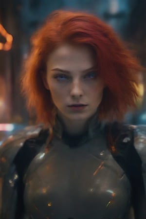 Best quality, Raw photo, face portrait, a young cyborg woman with fiery red hair. Her face fills the frame, bathed in neon hues, exuding determination and mystery amidst a futuristic backdrop