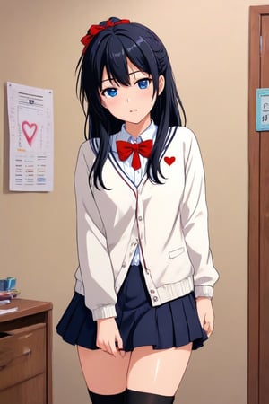 (top quality, 8k wallpaper), (masterpiece, best quality), extremely detailed, high definition, (official art:1.3), (anime screencap,black outline), 1girl, solo, rikka1, 1girl, takarada rikka, black hair, solo, blue eyes, wrist scrunchie, long hair, red socks, school uniform, black skirt, bangs, pleated skirt, orange scrunchie, red bow, white cardigan, thick thighs, long sleeves, bowtie, white shirt, miniskirt, white sweater, BREAK , silhouette, heart jewelry on chest, heart gem on chest