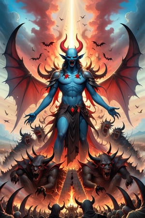 Create a hyper realistic image of Demons invading the heaven and winning war between angels and demons..colourful , wide , specific, dark , grim, nightmare, (((in the style of Bosch)))