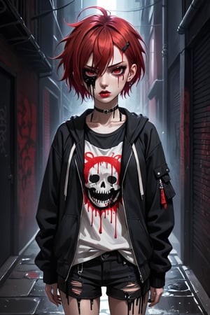 anime teenage girl on a bacstreet alley, teary eyes, teenage outfit, black and red hair, serious fashion style, dark theme style, punk style, short hair, black background, black paint dripping heavily from eyes and mouth