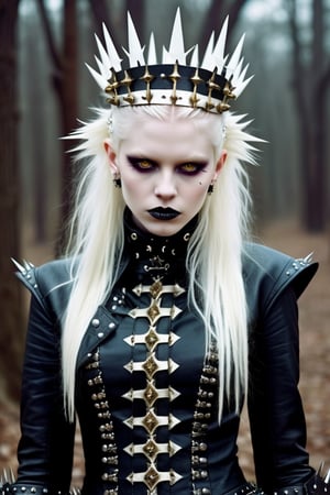 (cowboy shot),albino vampire young girl,Pure White long Pigtale, Glittering golden eyes, adorned in a Gothic punk rock ensemble, spikes crown of thorns, more, with a medieval twist, blending elements of both eras into a captivating and unique style,Her attire features dark, edgy fabrics like leather and lace,,goth person