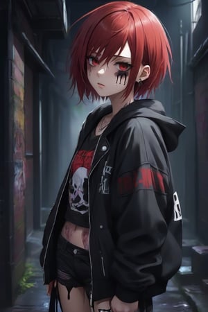 anime teenage girl on a bacstreet alley, teary eyes, teenage outfit, black and red hair, serious fashion style, dark theme style, punk style, short hair, black background, black paint dripping heavily from eyes and mouth