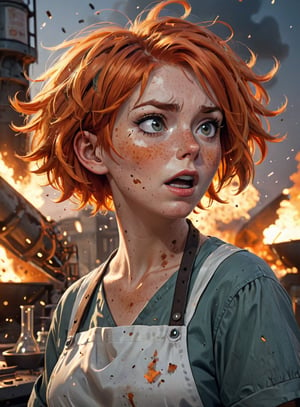 high quality, 8K Ultra HD, woman, sunset, detailed face, messy short hair, orange hair, perplexed, beautiful, elegent, with laboratory apron, freckled, surprised by the explosion, physics, freckled woman, torn apron