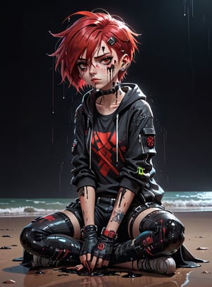 anime teenage girl sitting on a cyberpunk beach, teary eyes, teenage outfit, black and red hair, serious fashion style, dark theme style, punk style, short hair, black background, black paint dripping heavily from eyes and mouth
