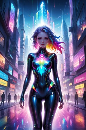 masterpiece, detailed, 1girl, chromatic dispersion, metallic_lustre, see_through, (tansparent_plastic:1.3), coloured glaze, Polychromatic prism effect, rainbowcore, iridescence/opalescence, glowing colors, aluminum foil, Glowing ambiance, cybercity_background, Tyndall Effect,