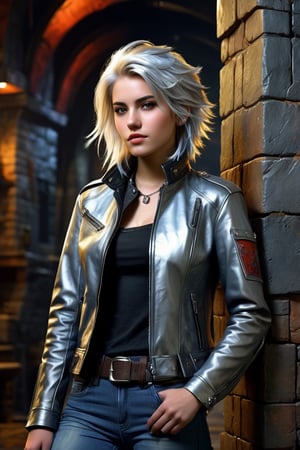 highly detailed, rpg style, beautiful young woman, 20 years old, metallic silver hair, casual shirt, leather jacket, jeans, boots, ultra detailed face, (very detailed hair), rebels shelter background, fusion of final fantasy videogame and dungeon & dragons realm, high contrast, flat colors, cel shaded, by Richard Anderson,Magical Fantasy style,3d toon style,portraitart