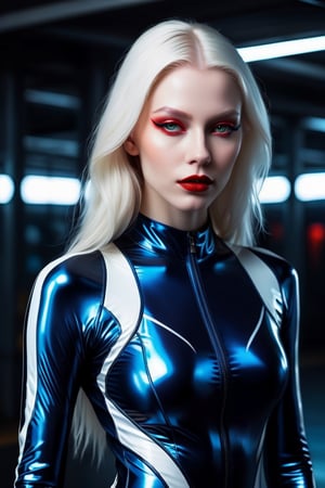 Ultra Realistic,perfect symmetry design, 1 girl, (masterful), albino demon fairy, dark magic, Devil soul, Jinn,girl clad in a sleek and shiny racing suit, radiating confidence and elegance. Envision the form-fitting suit hugging her curves,The fabric gleams with a lustrous sheen, reflecting the ambient light in mesmerizing patterns. Her expression is determined yet alluring,