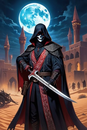Middle Eastern-inspired vampire hunter, in the vein of Van Helsing, exuding an air of mystery and danger. Picture him clad in intricately embroidered robes, adorned with symbols of protection against the undead. His face obscured by a traditional keffiyeh, revealing only steely determination in his eyes. In one hand, he wields a curved scimitar, while the other holds a gleaming silver dagger, both engraved with ancient runes for banishing vampires. Behind him, the dusky skyline of a desert city looms, adding to the atmosphere of suspense and intrigue. Capture the essence of this enigmatic figure as he prowls the shadows, ready to confront the supernatural threats that lurk in the night. Dark Fantasy