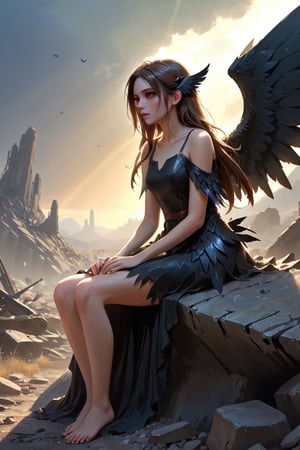 masterpiece, impastel, cinematic lighting, dynamic rays, medium shot, hyperdetailed, 1 girl, long brown hair, black eyes, wear dress, sitting on rock side view, shivering(hold arms)(hide face), black wings spread, wasteland as background, trending artstation, fully rendered(expressive)