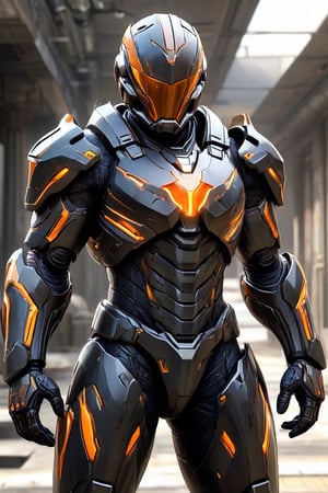 A digital illustration of a futuristic soldier in ultra-high-definition, featuring an ultra-realistic and ultra-detailed armored suit. The armor is predominantly black with orange accents, highlighting its intricate design. The helmet has a reflective visor and the suit includes various panels and layers that suggest advanced technology. The soft anisotropic filtering adds a realistic texture to the materials, while the hypersharp feature brings out the fine details, making the armor appear tangible. The overall quality is comparable to a high-resolution National Geographic photograph, and the artwork would trend on ArtStation for its impressive details and realism.