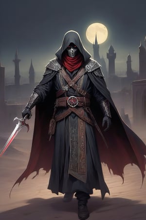 Middle Eastern-inspired vampire hunter, in the vein of Van Helsing, exuding an air of mystery and danger. Picture him clad in intricately embroidered robes, adorned with symbols of protection against the undead. His face obscured by a traditional keffiyeh, revealing only steely determination in his eyes. In one hand, he wields a curved scimitar, while the other holds a gleaming silver dagger, both engraved with ancient runes for banishing vampires. Behind him, the dusky skyline of a desert city looms, adding to the atmosphere of suspense and intrigue. Capture the essence of this enigmatic figure as he prowls the shadows, ready to confront the supernatural threats that lurk in the night. Dark Fantasy