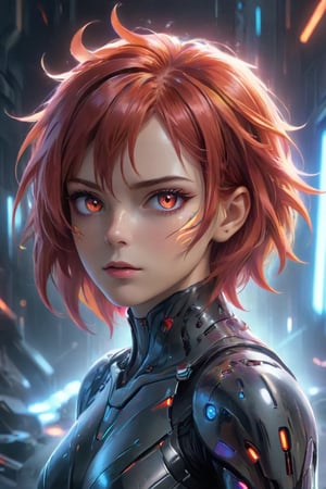 Best quality, Raw photo, face portrait, a young cyborg woman with fiery red hair. Her face fills the frame, bathed in neon hues, exuding determination and mystery amidst a futuristic backdrop