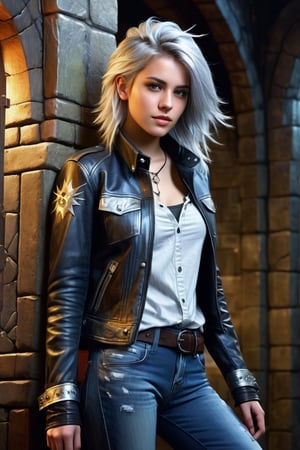 highly detailed, beautiful young woman, 20 years old, metallic silver hair, casual shirt, leather jacket, jeans, boots, ultra detailed face, (very detailed hair), rebels shelter background, fusion of final fantasy videogame and dungeon & dragons realm, high contrast, flat colors, cel shaded, Magical Fantasy,portraitart