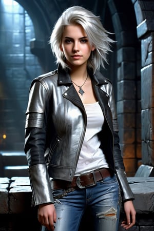 highly detailed, rpg style, beautiful young woman, 20 years old, metallic silver hair, casual shirt, leather jacket, jeans, boots, ultra detailed face, (very detailed hair), rebels shelter background, fusion of final fantasy videogame and dungeon & dragons realm, high contrast, flat colors, cel shaded, by Richard Anderson,Magical Fantasy style,portraitart