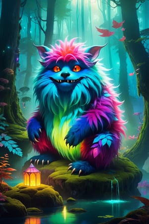 Furry beings in magical realms, enchanted forests, and floating islands. Radiant glows, mysterious mists, and vibrant palettes. Embrace the enchantment of Potma's artwork, portraying fluffy monsters in surreal and magical environments,