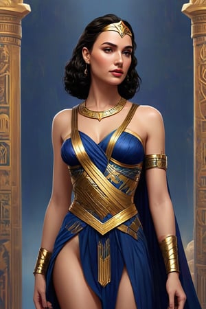 Visualize a breathtaking 2D anime-style full-body illustration of Gal Gadot as the queen of ancient Egypt. Tom Bagshaw's influence is evident in the detailed and stylized features, complemented by Adobe Illustrator's flat design. The neutral colors and dark blue palette, inspired by color theory, create a harmonious and visually striking portrayal.