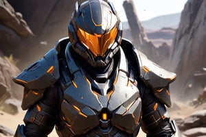 A digital illustration of a futuristic soldier in ultra-high-definition, featuring an ultra-realistic and ultra-detailed armored suit. The armor is predominantly black with orange accents, highlighting its intricate design. The helmet has a reflective visor and the suit includes various panels and layers that suggest advanced technology. The soft anisotropic filtering adds a realistic texture to the materials, while the hypersharp feature brings out the fine details, making the armor appear tangible. The overall quality is comparable to a high-resolution National Geographic photograph, and the artwork would trend on ArtStation for its impressive details and realism.