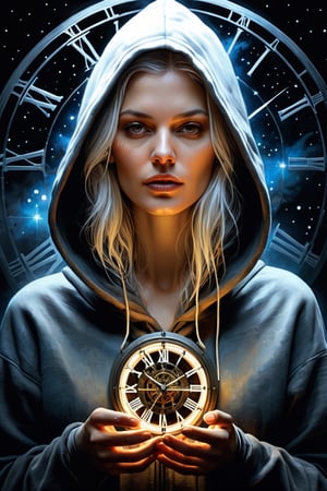 Art by Jacek Yerka Art by Andy Kehoe Art by Lisa Parker. many details, detailed close-up portrait, line art, White-haired girl in a hoodie from the future holding a huge wall clock. the shine of the stars, high quality magic shades of beautiful bioluminescence digital illustration, wet on wet watercolor, black ink, ink wash, by Valentin10179, golden ratio, perfection, dynamic, Open eyes, perfect anatomy, photorealistic conceptual art, smooth, optical illusion, inspired by Carne Griffiths, White background, art stations trends, sharp focus, Photo studio, intricate details, Very detailed, Yeah, intricate art masterpiece, Sinister, matte painting movie poster, golden ratio, intricate, epic, trends in artstation, by artgerm, h. R. Giger and Beksinski, highly detailed film character representation production, vibrant, very high quality model, watercolor painting, Jean-Baptiste Monge style, bright, beautiful, splash, edge lighting, lights, Magic, fancy, digital art, Oh! artgerm and james jeans, film, 4k, steven spielberg epic movie, sharp focus, emitting diodes, smoke, artillery, sparks, backstage, system unit, Motherboard, by pascal blanche rutkowski repin artstation painting by hyperrealism concept art detailed character design matte painting, 4K resolution